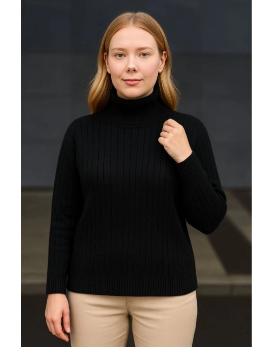 Balıkcı Yaka Bağazlı Triko Kazak Pamuklu Kalın Fitilli Dokuma  iyah