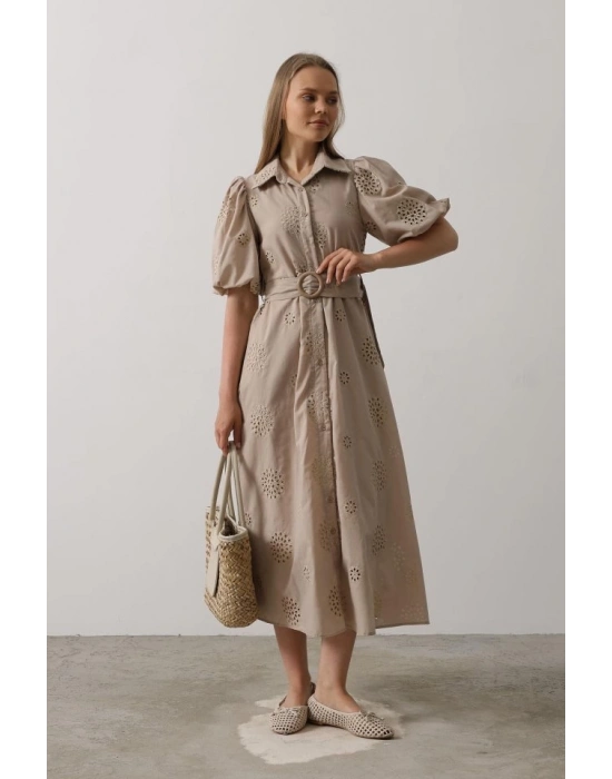 Balon Kol Kemerli Brode Elbise  Taş