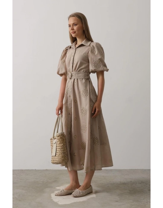 Balon Kol Kemerli Brode Elbise  Taş