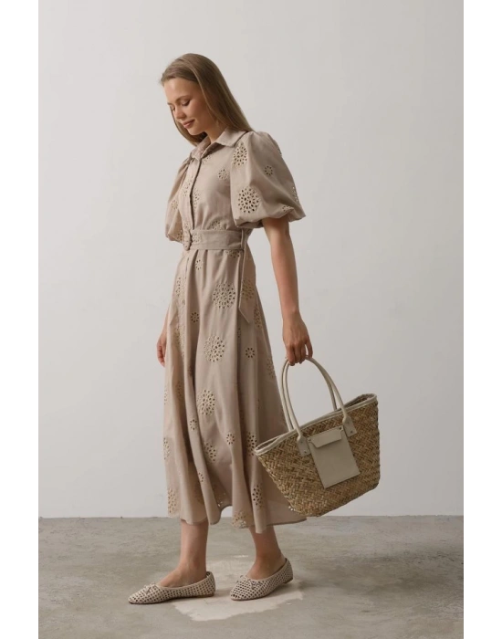 Balon Kol Kemerli Brode Elbise  Taş