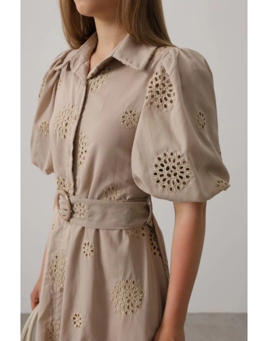 Balon Kol Kemerli Brode Elbise  Taş