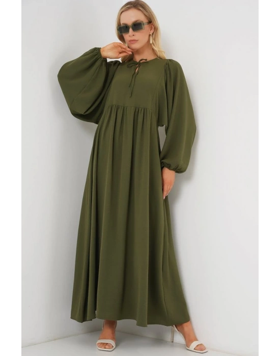 Balon Kol Uzun Tesettür Elbise 2464  Haki