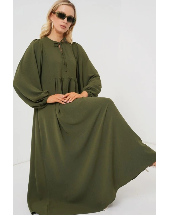 Balon Kol Uzun Tesettür Elbise 2464  Haki