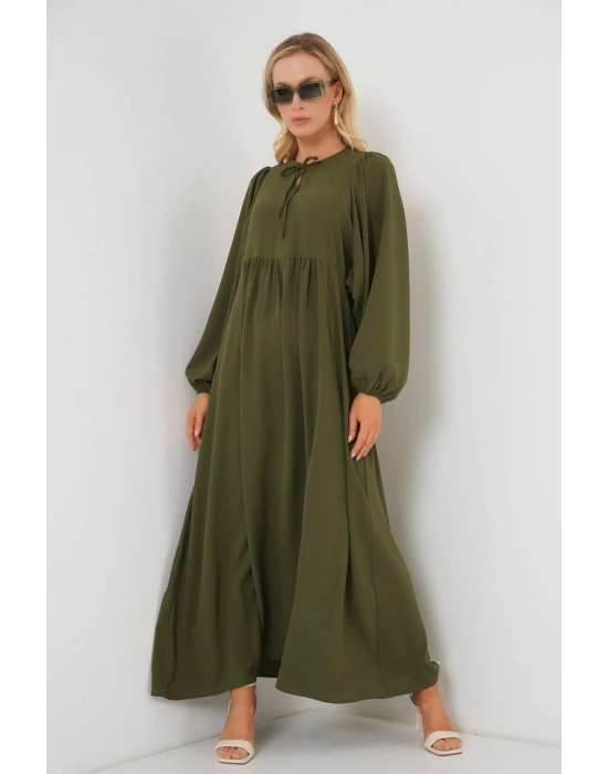 Balon Kol Uzun Tesettür Elbise 2464  Haki