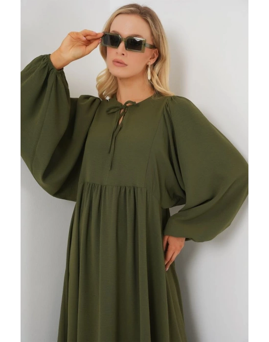 Balon Kol Uzun Tesettür Elbise 2464  Haki