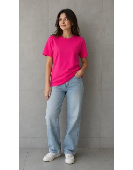 Basic Pamuklu Tişört Bisiklet Yaka Düz Renk Relaxed Fit Thirt  Fuşya