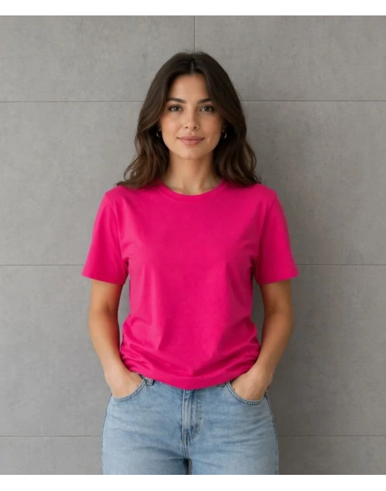 Basic Pamuklu Tişört Bisiklet Yaka Düz Renk Relaxed Fit Thirt  Fuşya