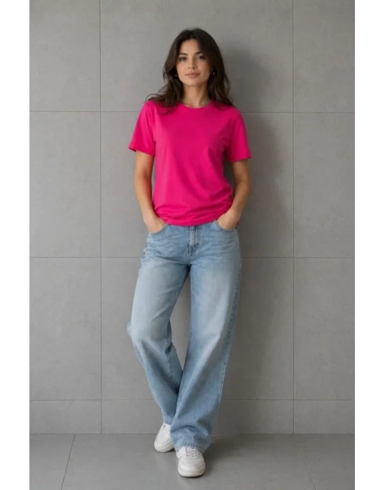 Basic Pamuklu Tişört Bisiklet Yaka Düz Renk Relaxed Fit Thirt  Fuşya