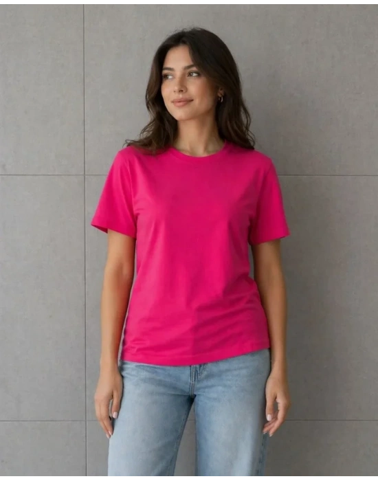 Basic Pamuklu Tişört Bisiklet Yaka Düz Renk Relaxed Fit Thirt  Fuşya