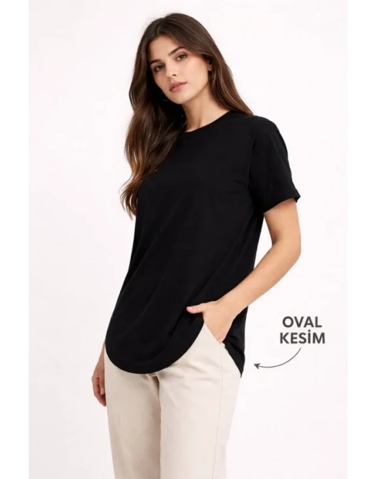 Basic Thirt Kısa Kol Bisiklet Yaka Oval Kesim Tişört  iyah