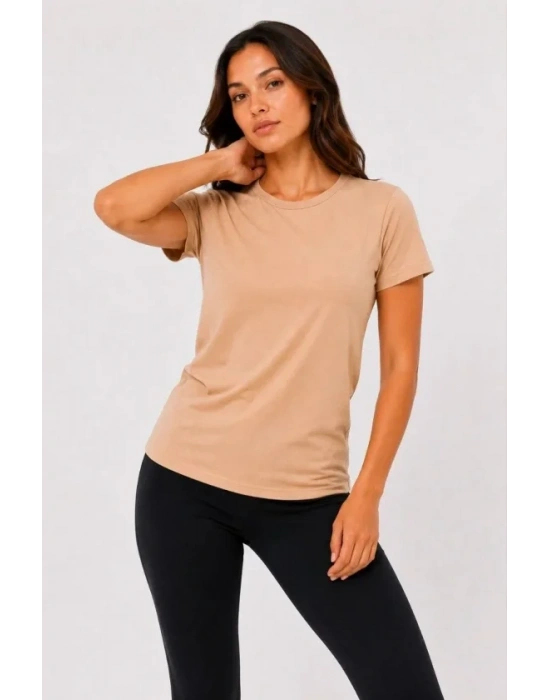 Basic Tişört Bisiklet Yaka Kısa Kol Günlük Yazlık lim Fit Thirt  Bej