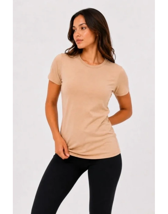 Basic Tişört Bisiklet Yaka Kısa Kol Günlük Yazlık lim Fit Thirt  Bej
