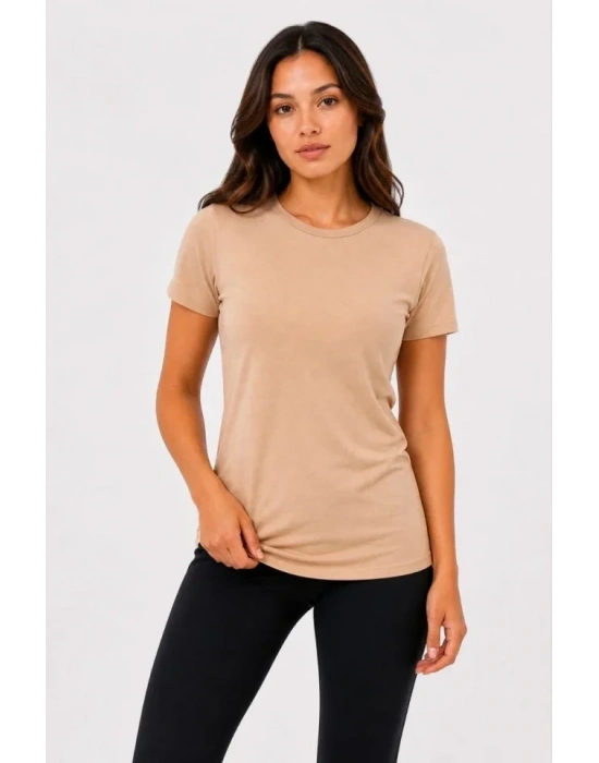 Basic Tişört Bisiklet Yaka Kısa Kol Günlük Yazlık lim Fit Thirt  Bej