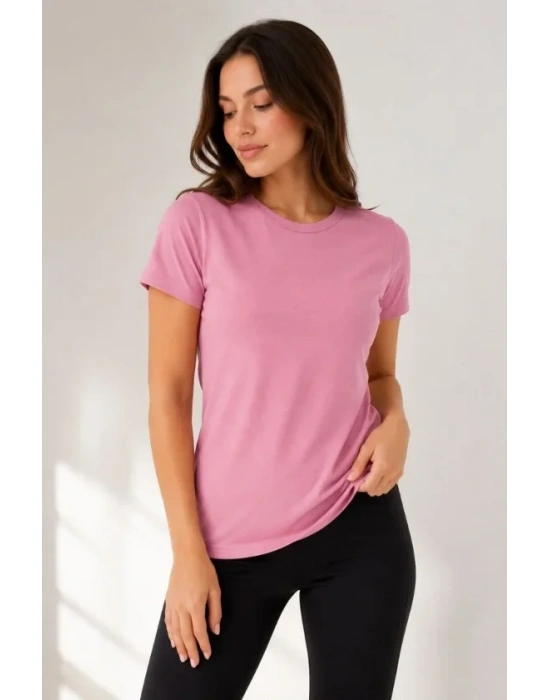 Basic Tişört Bisiklet Yaka Kısa Kol Günlük Yazlık lim Fit Thirt  Pembe