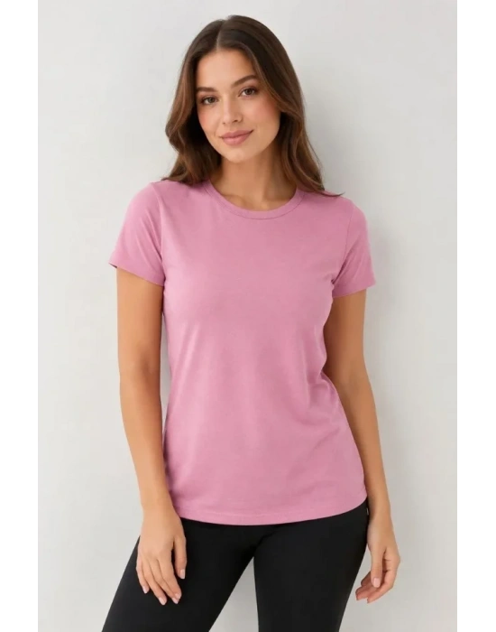 Basic Tişört Bisiklet Yaka Kısa Kol Günlük Yazlık lim Fit Thirt  Pembe