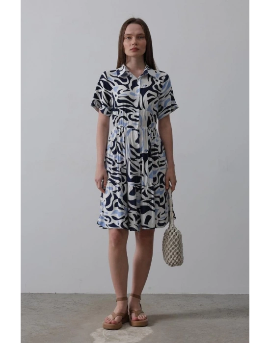 Baskılı Keten Elbise  Lacivert