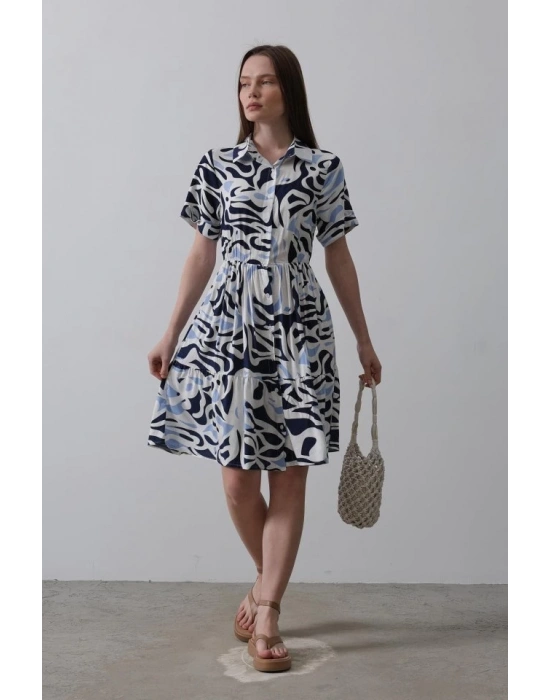 Baskılı Keten Elbise  Lacivert