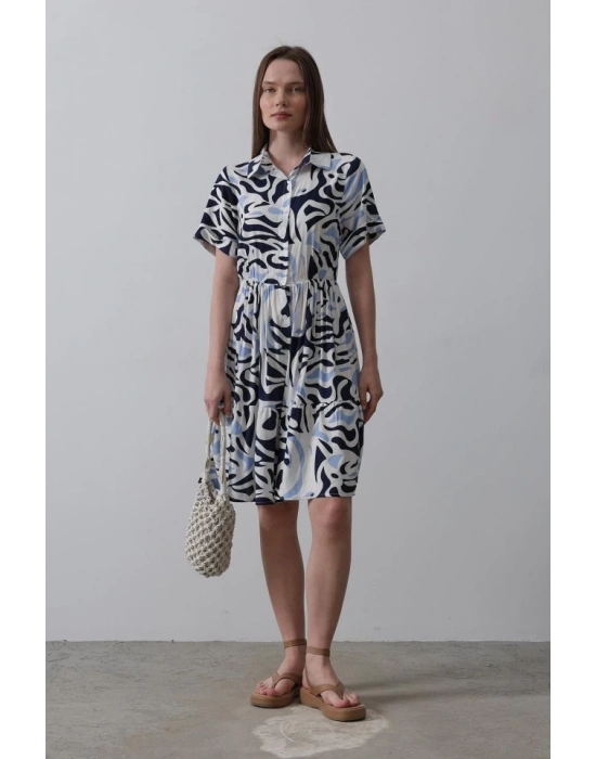 Baskılı Keten Elbise  Lacivert