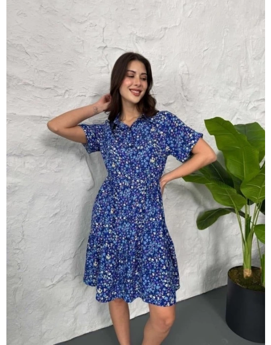 Baskılı Keten Elbise  LacivertBeyaz