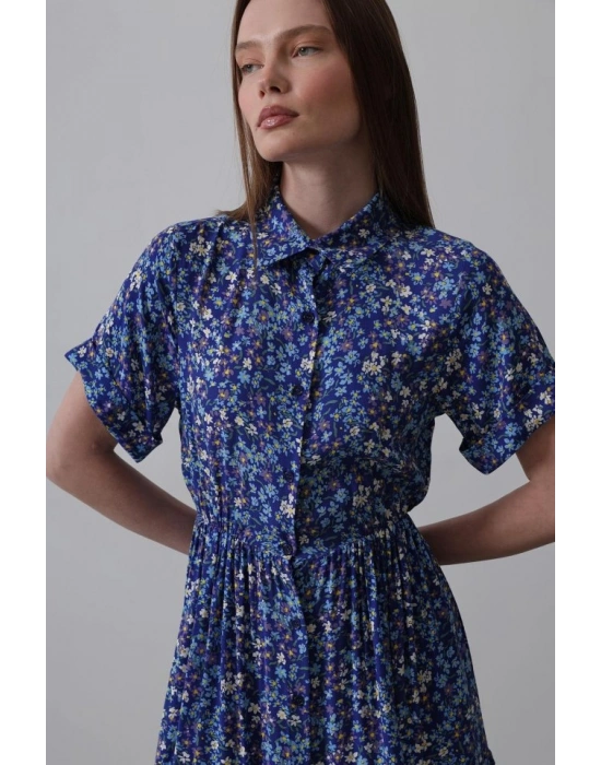 Baskılı Keten Elbise  LacivertBeyaz