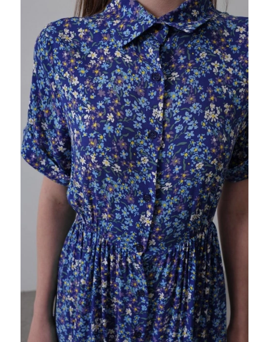 Baskılı Keten Elbise  LacivertBeyaz