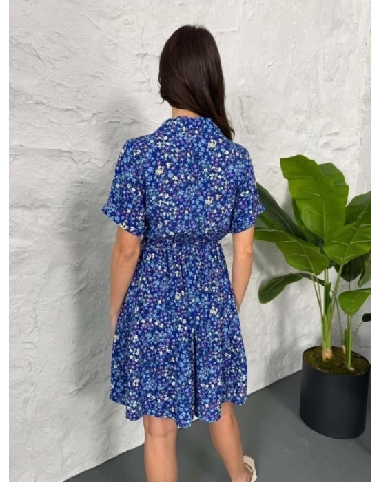 Baskılı Keten Elbise  LacivertBeyaz