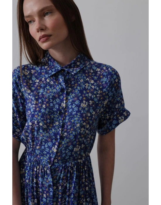 Baskılı Keten Elbise  LacivertBeyaz