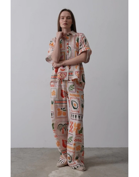 Baskılı Kısa Kol Pantolon Takım  TaşOranj