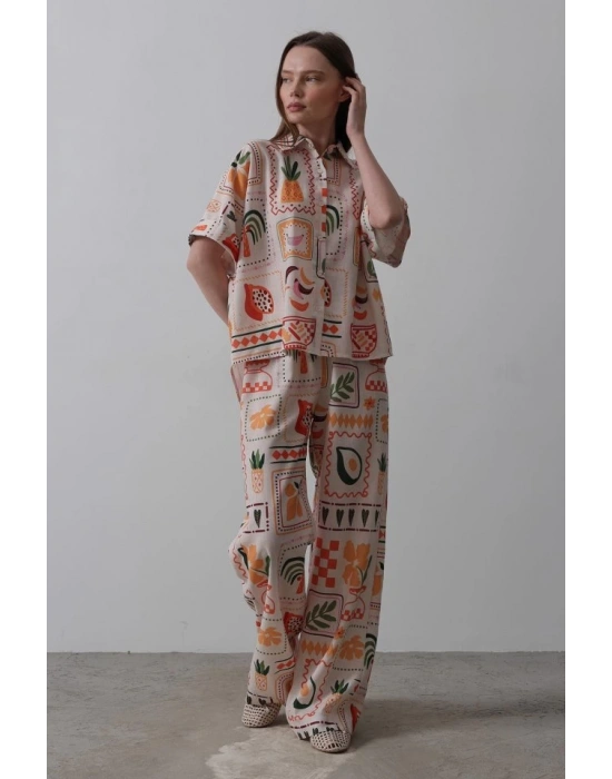 Baskılı Kısa Kol Pantolon Takım  TaşOranj