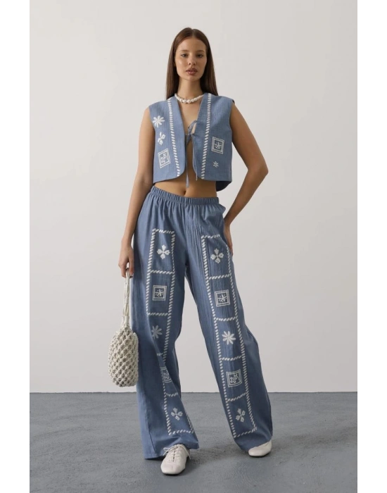 Baskılı Önü Bağlamalı Yelekli Takım  İndigo