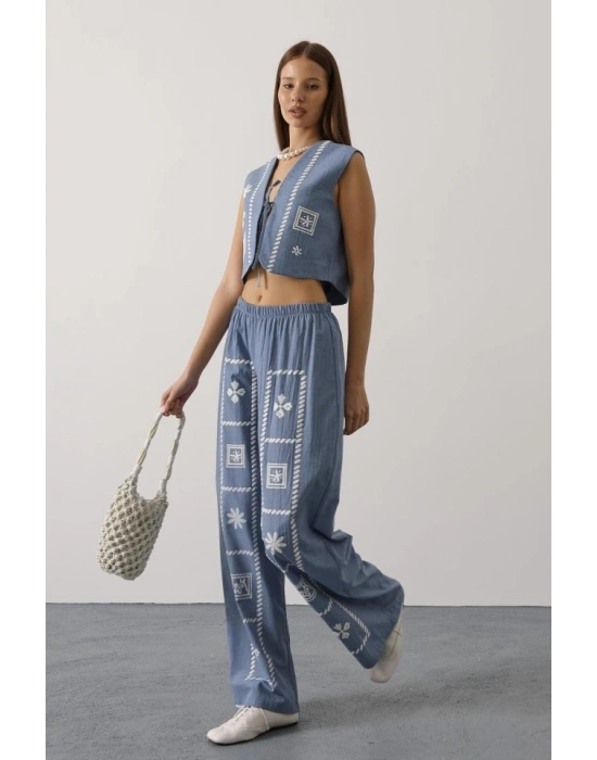 Baskılı Önü Bağlamalı Yelekli Takım  İndigo