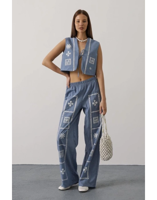 Baskılı Önü Bağlamalı Yelekli Takım  İndigo