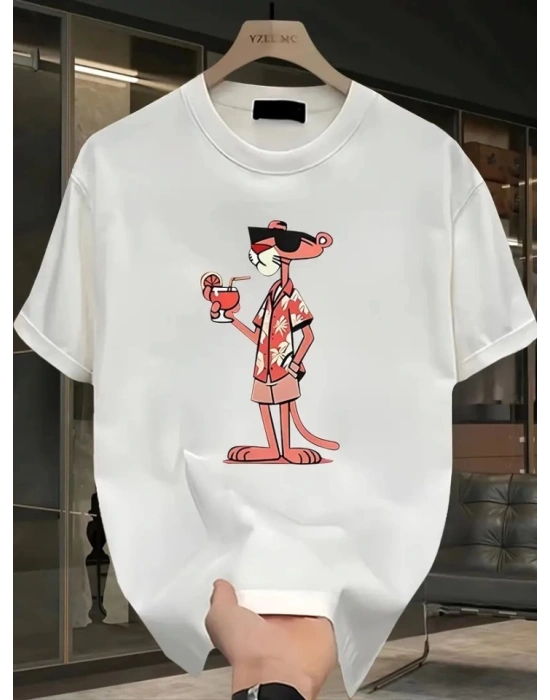 Baskılı Oversize Bisiklet Yaka Tshirt  Beyaz