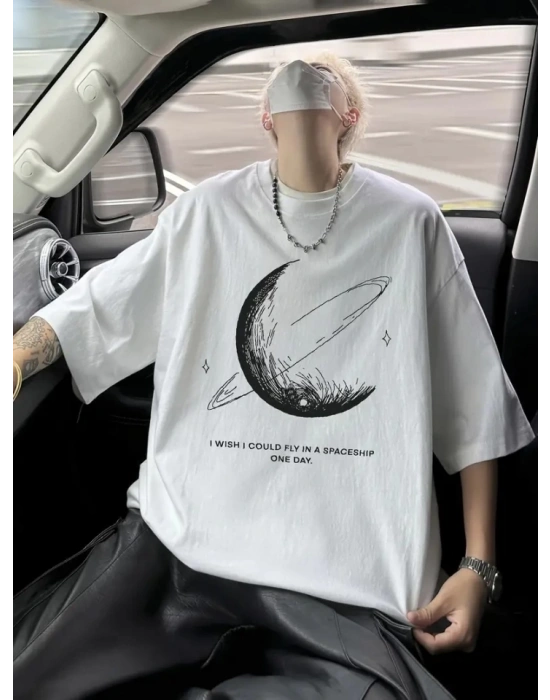 Baskılı Oversize Bisiklet Yaka Tshirt  Beyaz