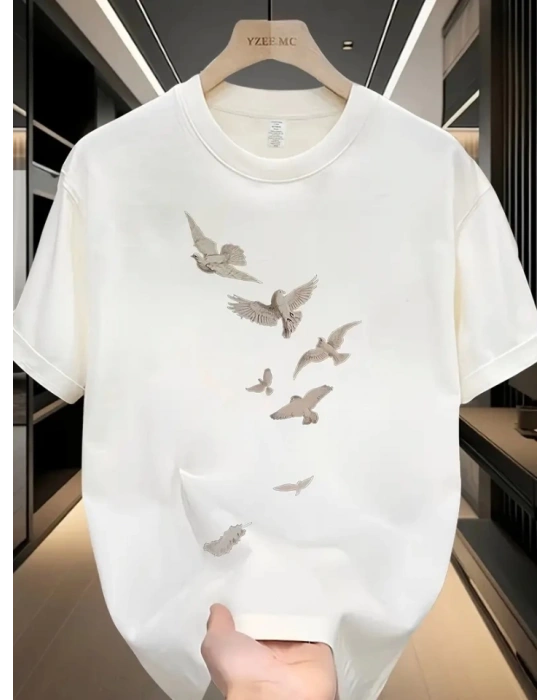 Baskılı Oversize Bisiklet Yaka Tshirt  Beyaz