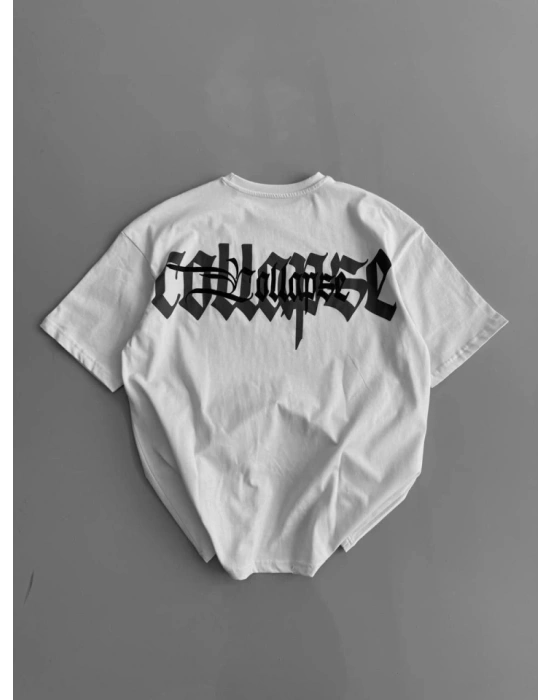 Baskılı Oversize Bisiklet Yaka Tshirt  Beyaz