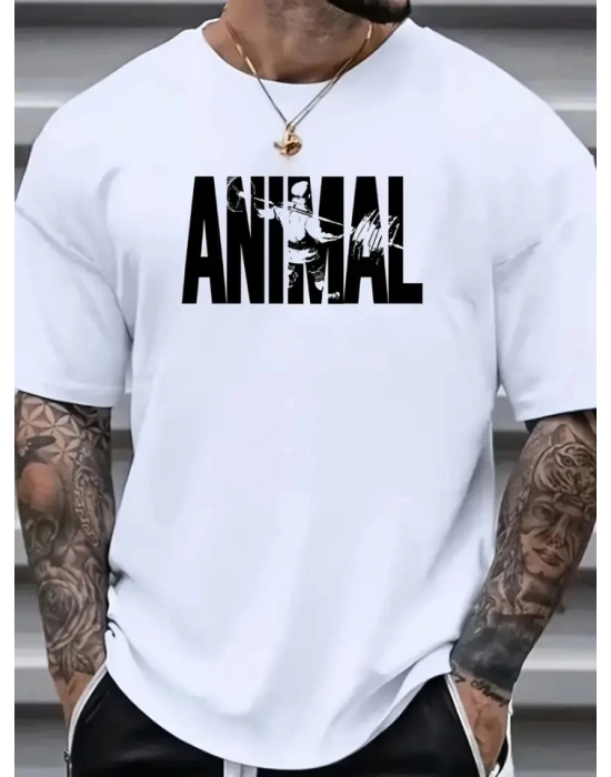 Baskılı Oversize Bisiklet Yaka Tshirt  Beyaz