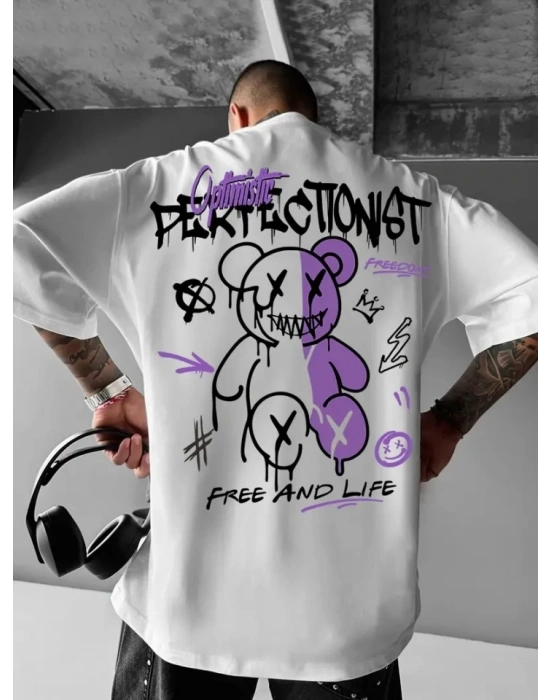 Baskılı Oversize Bisiklet Yaka Tshirt  Beyaz