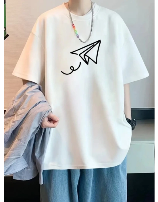 Baskılı Oversize Bisiklet Yaka Tshirt  Beyaz