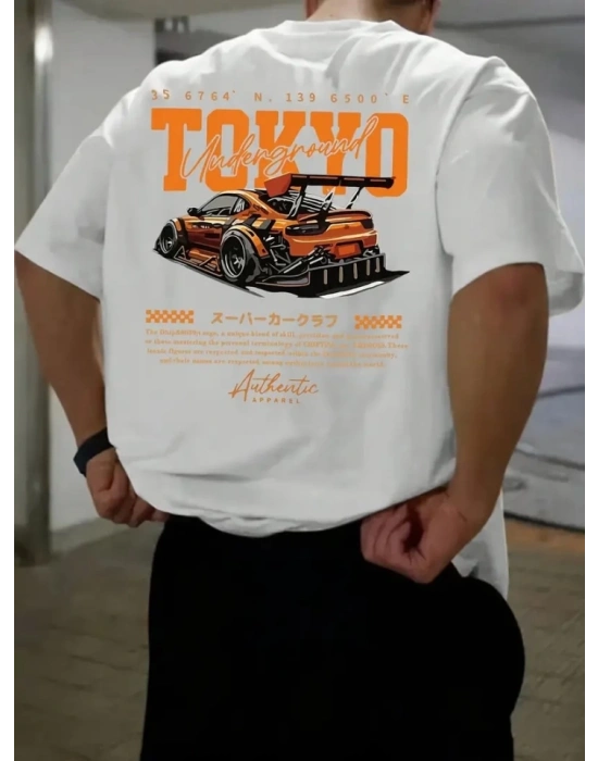 Baskılı Oversize Bisiklet Yaka Tshirt  Beyaz