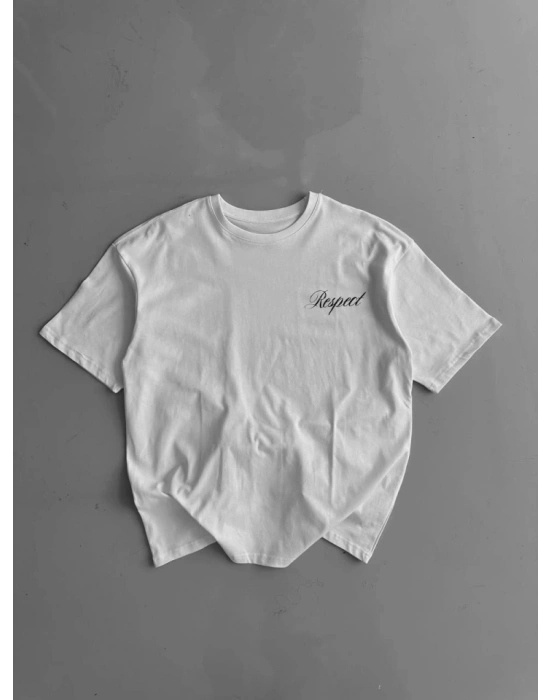 Baskılı Oversize Bisiklet Yaka Tshirt  Beyaz