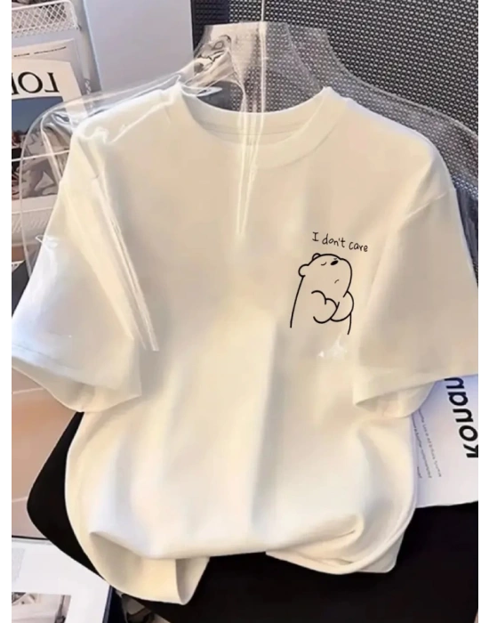 Baskılı Oversize Bisiklet Yaka Tshirt  Beyaz