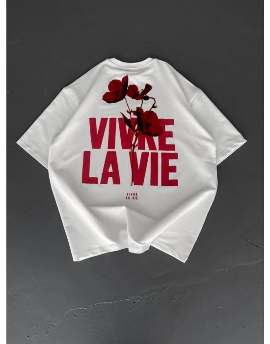 Baskılı Oversize Bisiklet Yaka Tshirt  Beyaz