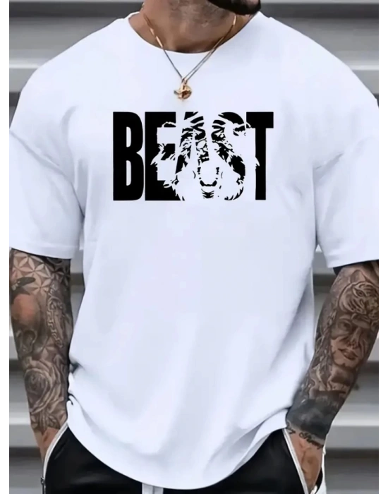 Baskılı Oversize Bisiklet Yaka Tshirt  Beyaz