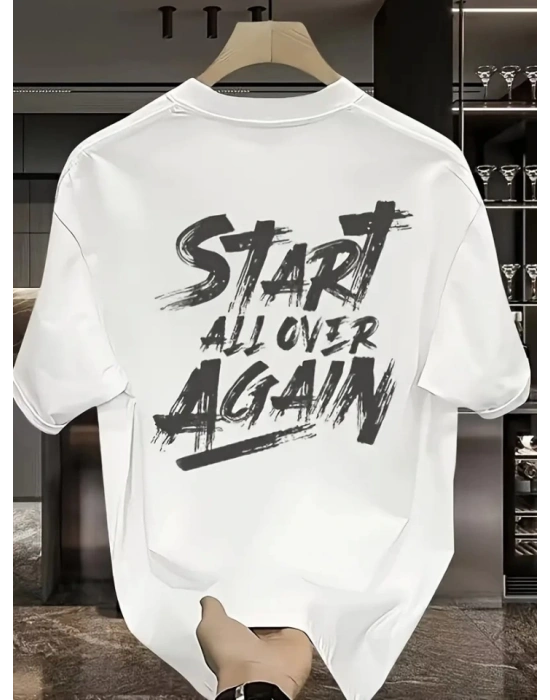 Baskılı Oversize Bisiklet Yaka Tshirt  Beyaz