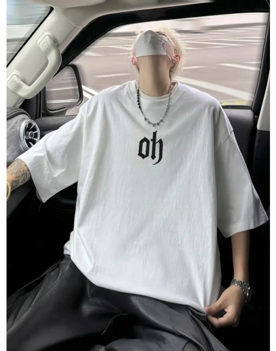 Baskılı Oversize Bisiklet Yaka Tshirt  Beyaz