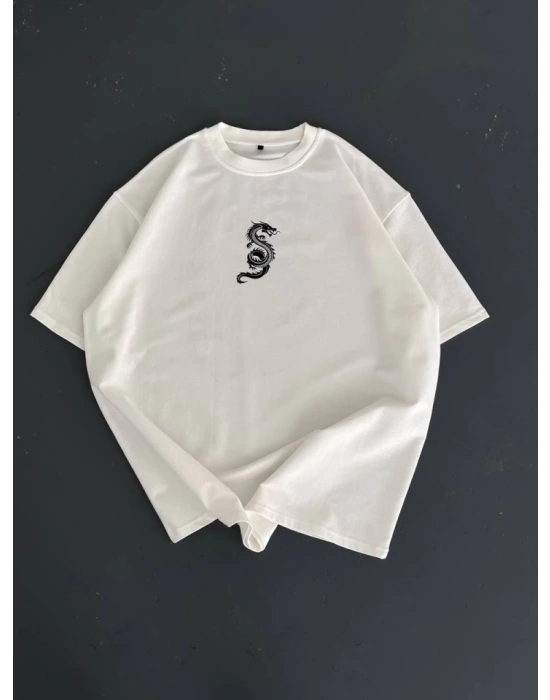 Baskılı Oversize Bisiklet Yaka Tshirt  Beyaz