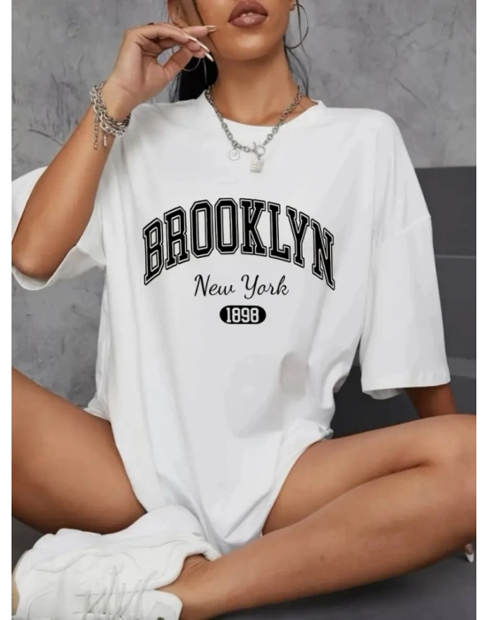 Baskılı Oversize Bisiklet Yaka Tshirt  Beyaz