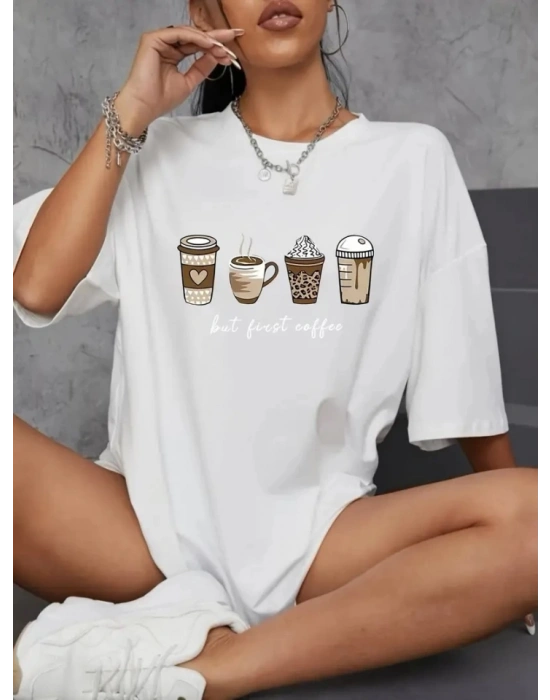 Baskılı Oversize Bisiklet Yaka Tshirt  Beyaz