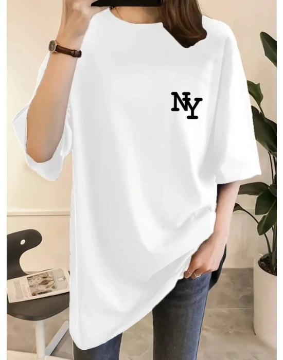 Baskılı Oversize Bisiklet Yaka Tshirt  Beyaz